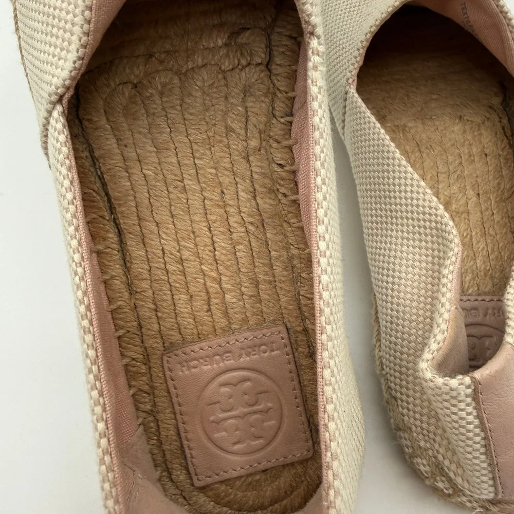 Tory Burch Espadrilles Women 8 Beige Pink Leather Logo Toe Cap Flat Slip On Shoe